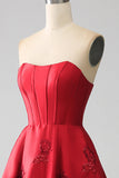 Elegant Princess A-Line Strapless Dark Red Long Ball Dress with 3D Flowers