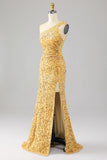 Mermaid Sequins One Shoulder Golden Ball Dress with Slit