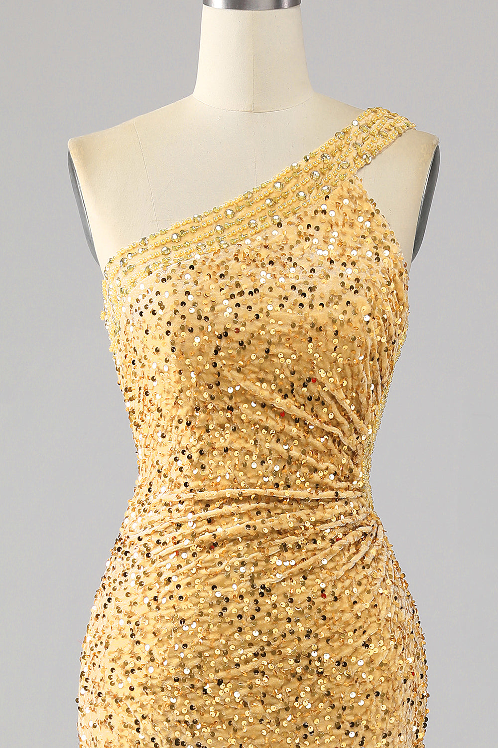 Mermaid Sequins One Shoulder Golden Ball Dress with Slit