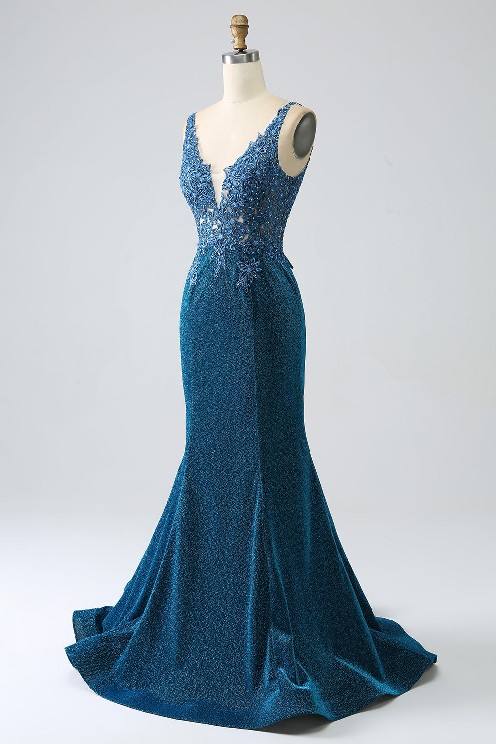 Glitter Dark Blue Mermaid V-Neck Long Ball Dress with Beading