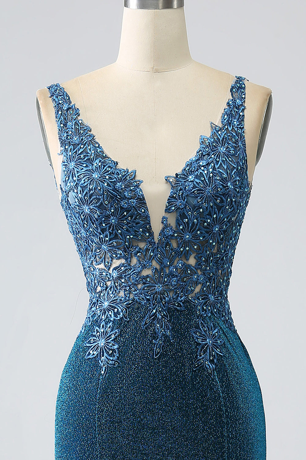 Glitter Dark Blue Mermaid V-Neck Long Ball Dress with Beading