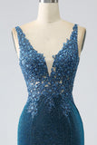 Glitter Dark Blue Mermaid V-Neck Long Ball Dress with Beading