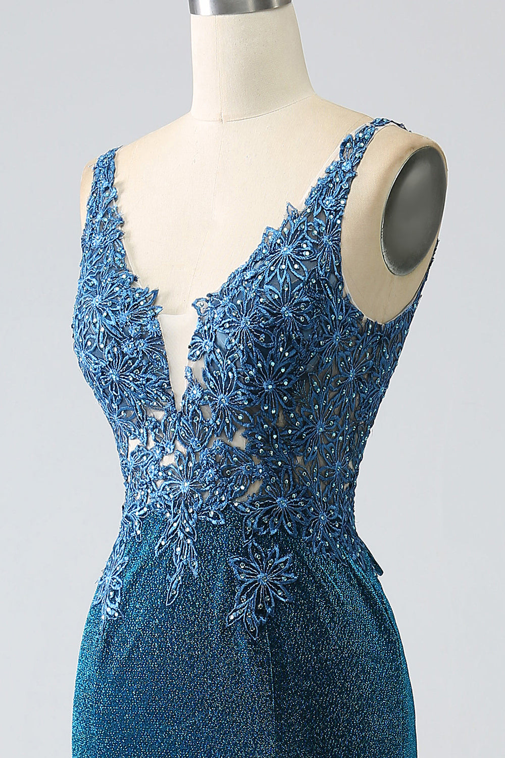 Glitter Dark Blue Mermaid V-Neck Long Ball Dress with Beading