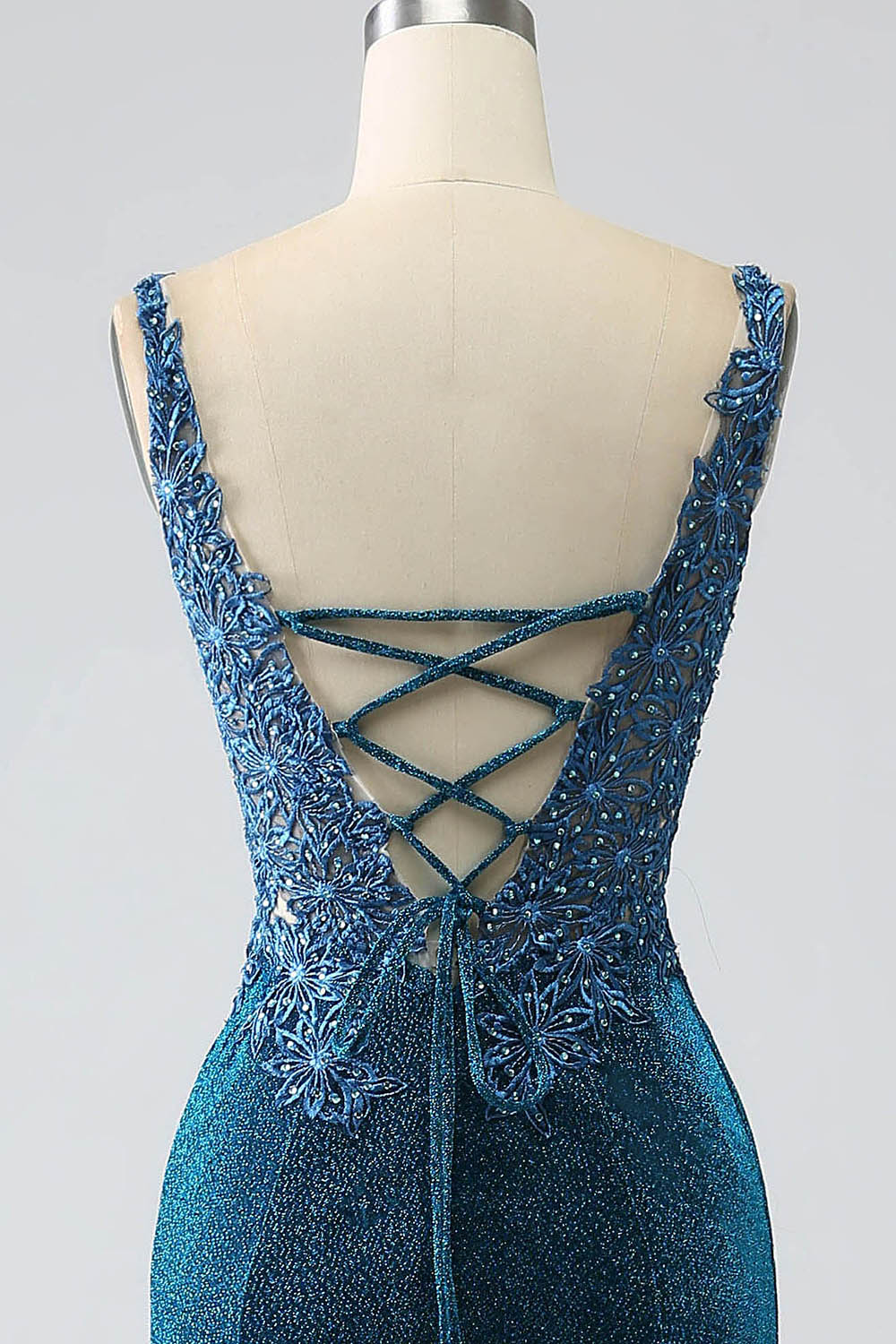 Glitter Dark Blue Mermaid V-Neck Long Ball Dress with Beading