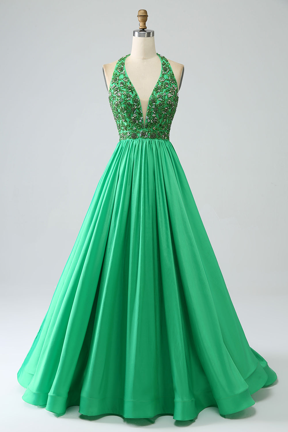 Green Halter Satin Long Pleated Ball Dress with Beading