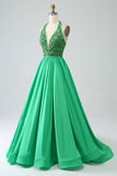 Green Halter Satin Long Pleated Ball Dress with Beading