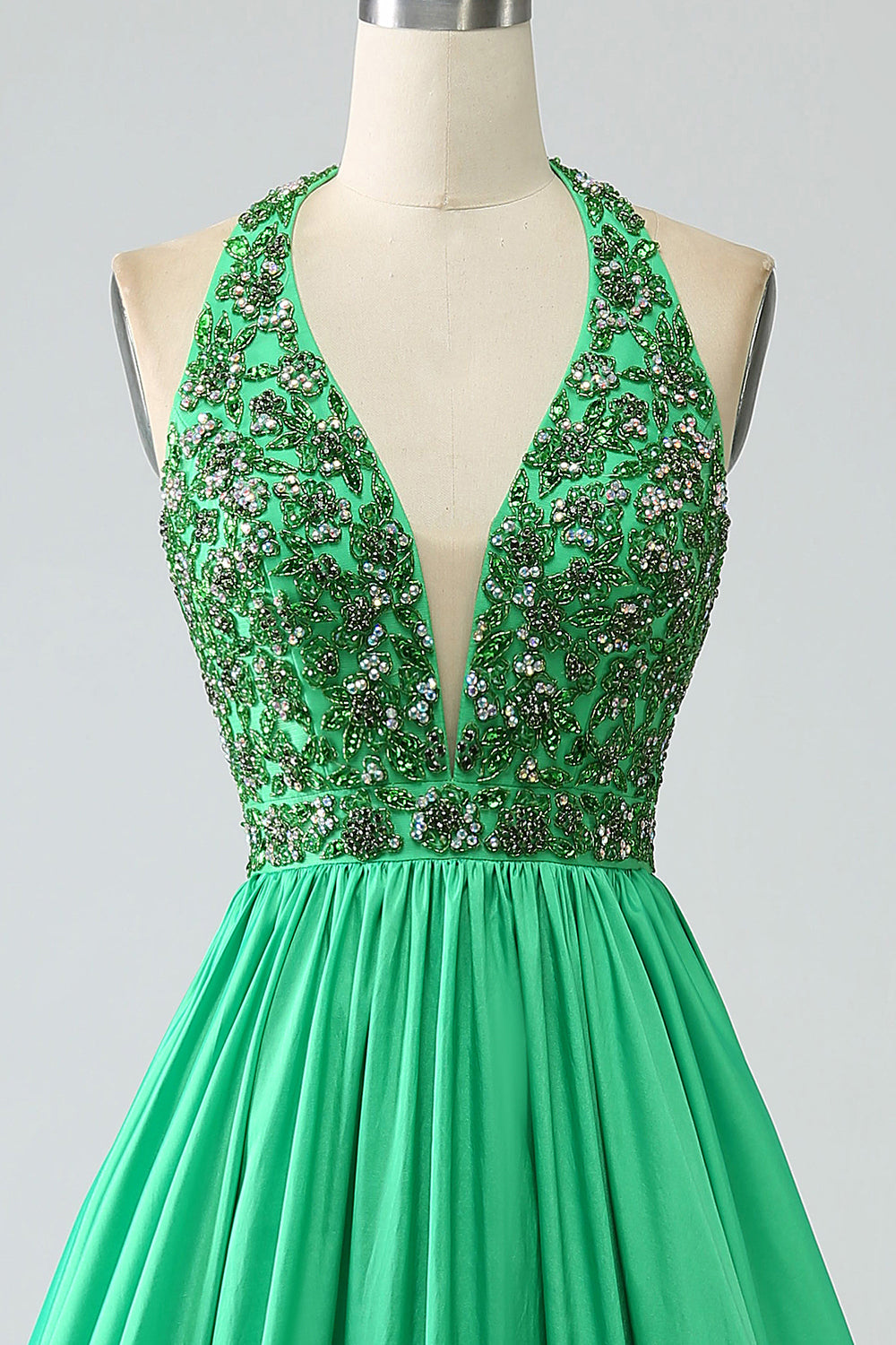 Green Halter Satin Long Pleated Ball Dress with Beading