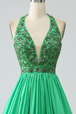 Green Halter Satin Long Pleated Ball Dress with Beading