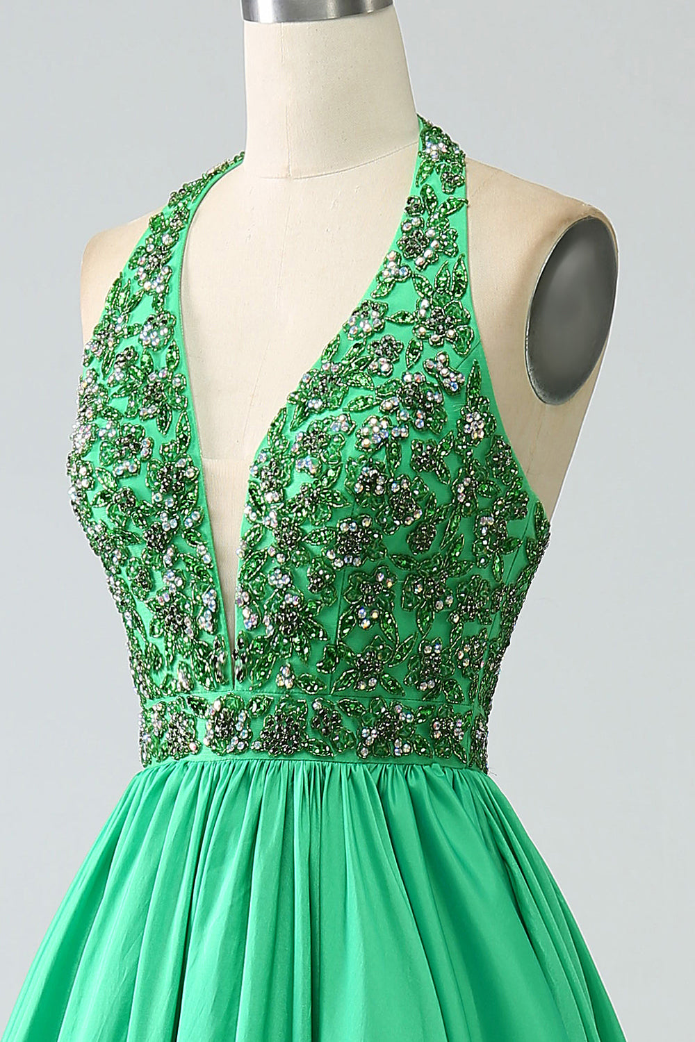 Green Halter Satin Long Pleated Ball Dress with Beading