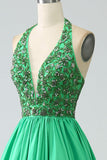 Green Halter Satin Long Pleated Ball Dress with Beading