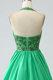 Green Halter Satin Long Pleated Ball Dress with Beading