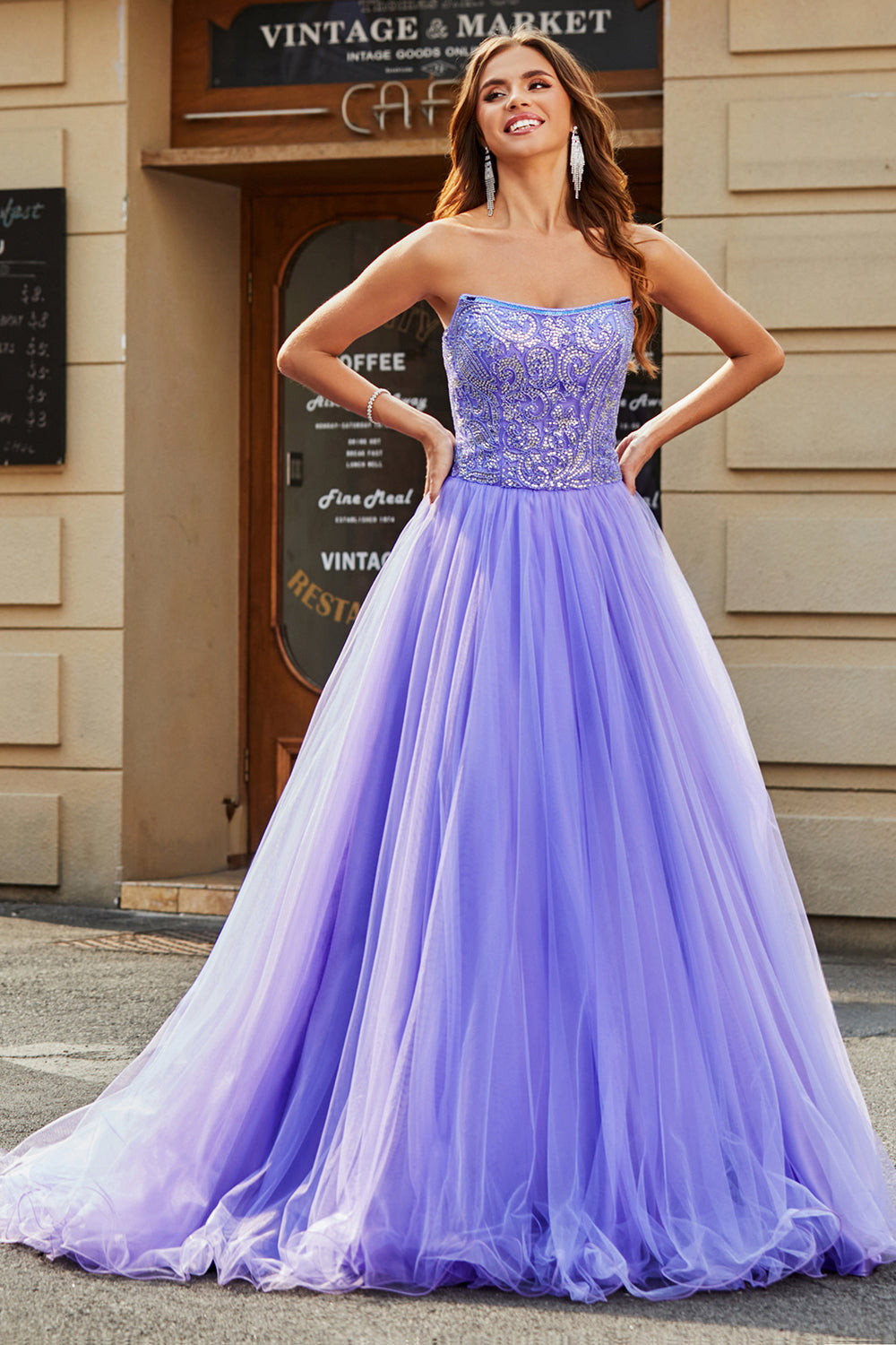 Stunning A Line Strapless Lilac Long Ball Dress with Beading