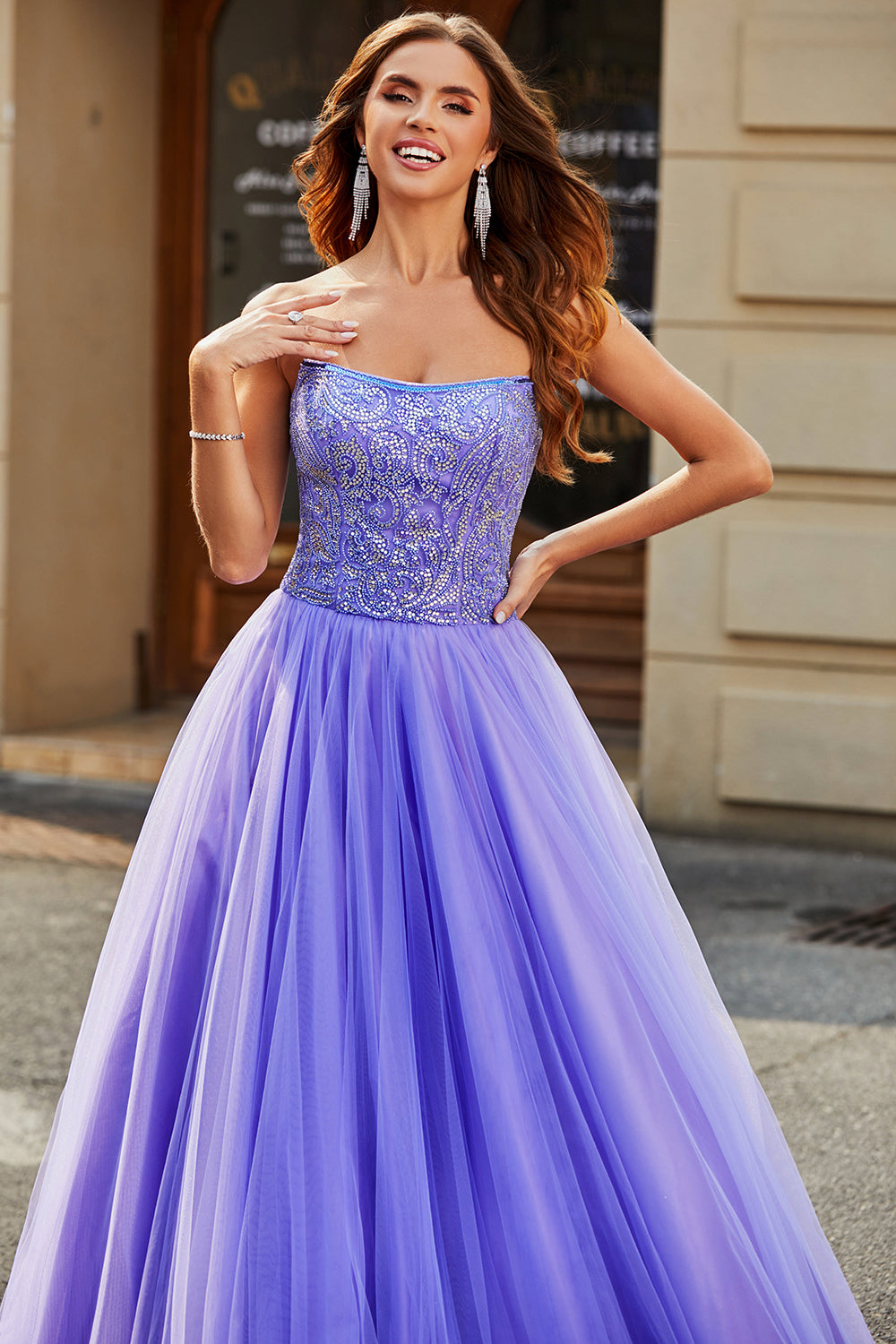 Stunning A Line Strapless Lilac Long Ball Dress with Beading