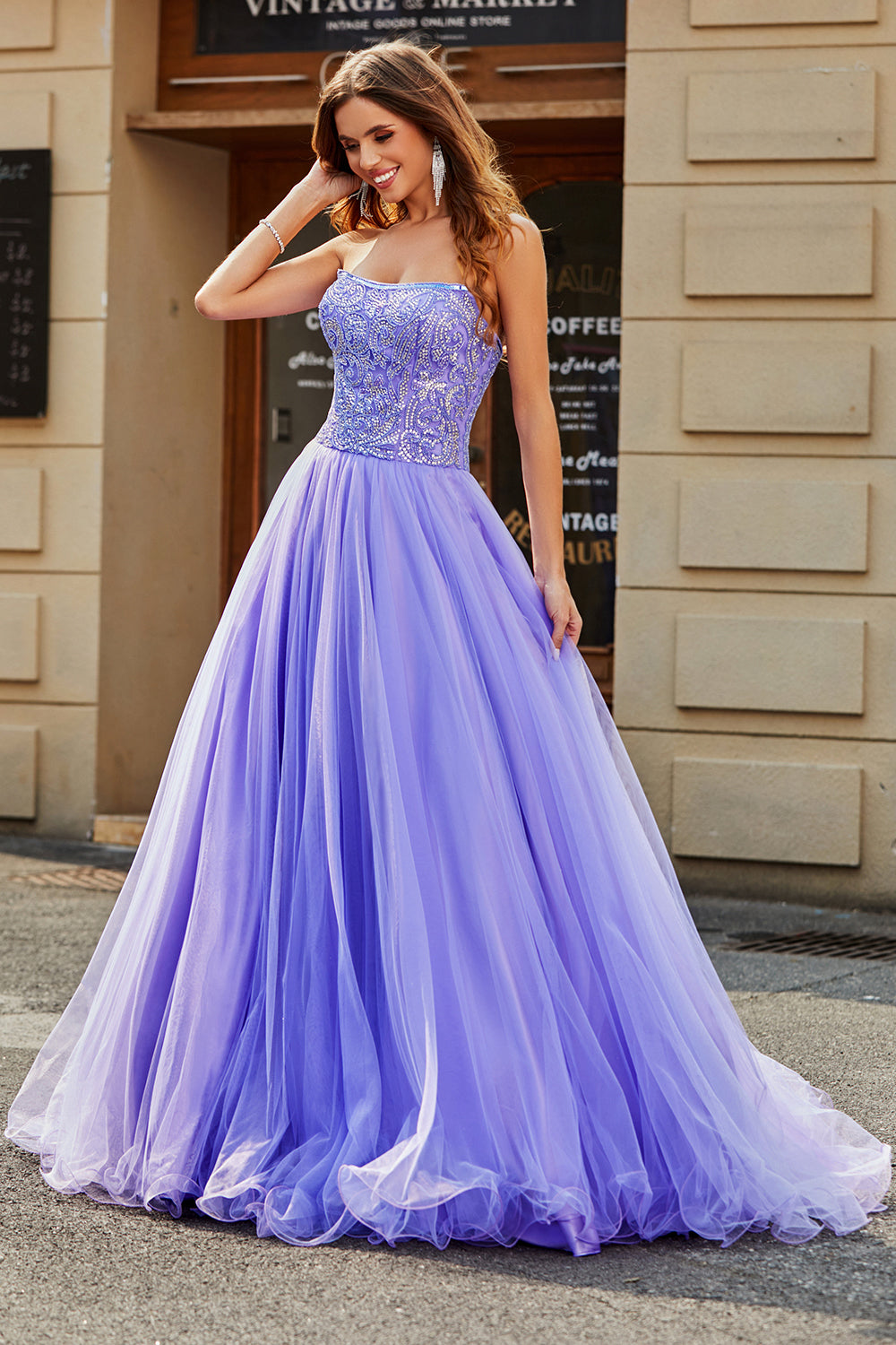 Stunning A Line Strapless Lilac Long Ball Dress with Beading