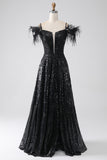 Black A-Line Spaghetti Straps Cold Shoulder Sequins Long Ball Dress with Slit