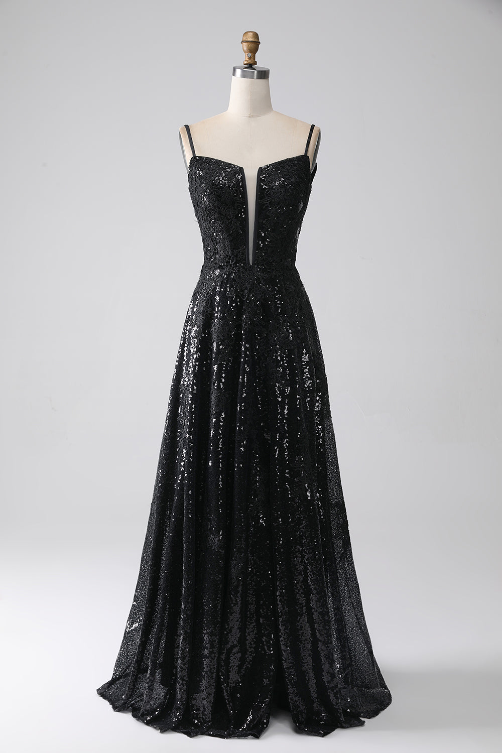 Black A-Line Spaghetti Straps Cold Shoulder Sequins Long Ball Dress with Slit