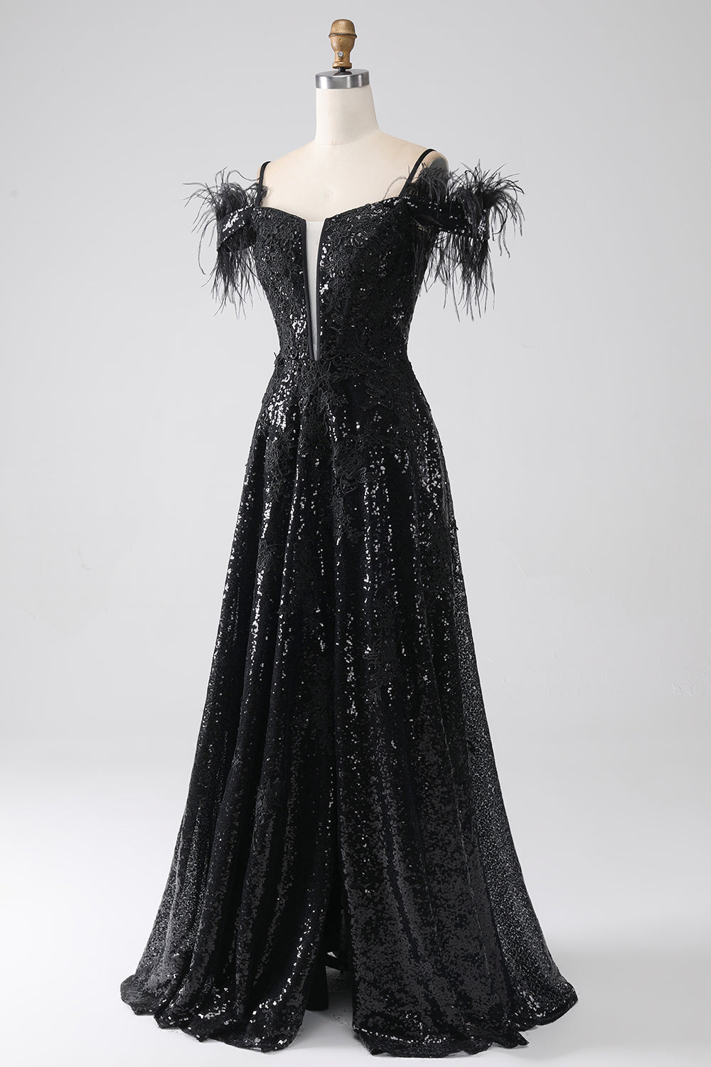 Black A-Line Spaghetti Straps Cold Shoulder Sequins Long Ball Dress with Slit