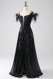 Black A-Line Spaghetti Straps Cold Shoulder Sequins Long Ball Dress with Slit