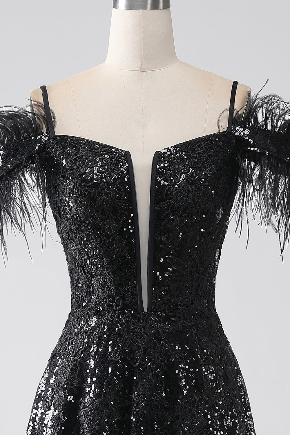 Black A-Line Spaghetti Straps Cold Shoulder Sequins Long Ball Dress with Slit