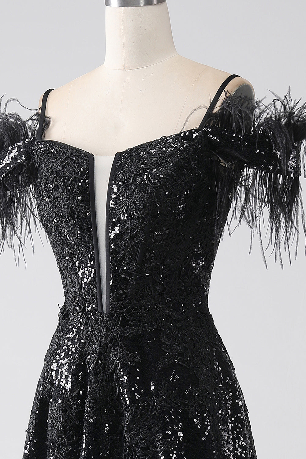 Black A-Line Spaghetti Straps Cold Shoulder Sequins Long Ball Dress with Slit