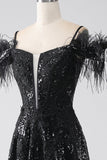 Black A-Line Spaghetti Straps Cold Shoulder Sequins Long Ball Dress with Slit