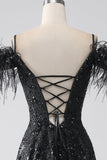 Black A-Line Spaghetti Straps Cold Shoulder Sequins Long Ball Dress with Slit