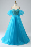 Blue Sweetheart Beaded Corset Prom Dress with Detachable Sleeves