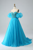 Blue Sweetheart Beaded Corset Prom Dress with Detachable Sleeves