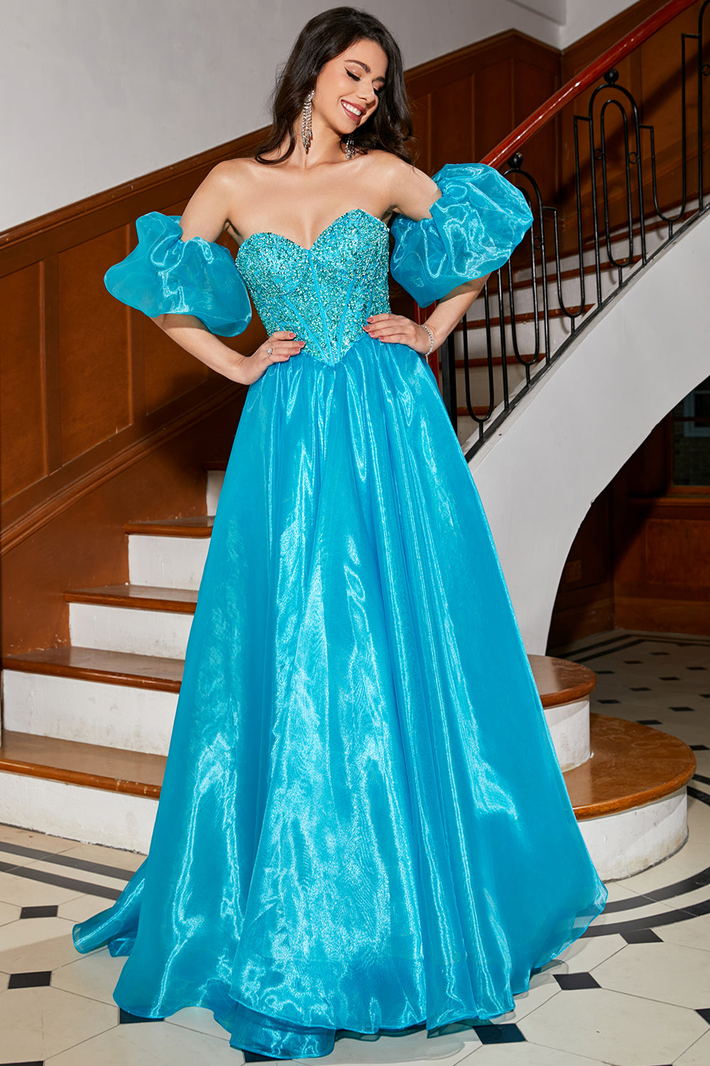 Blue A-Line Sweetheart Beaded Corset Long Ball Dress with Puff Sleeves