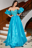 Blue A-Line Sweetheart Beaded Corset Long Ball Dress with Puff Sleeves
