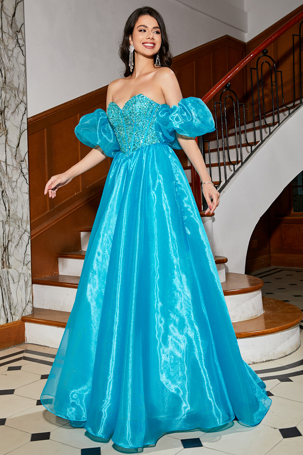 Blue A-Line Sweetheart Beaded Corset Long Ball Dress with Puff Sleeves