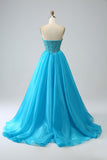Blue Sweetheart Beaded Corset Prom Dress with Detachable Sleeves