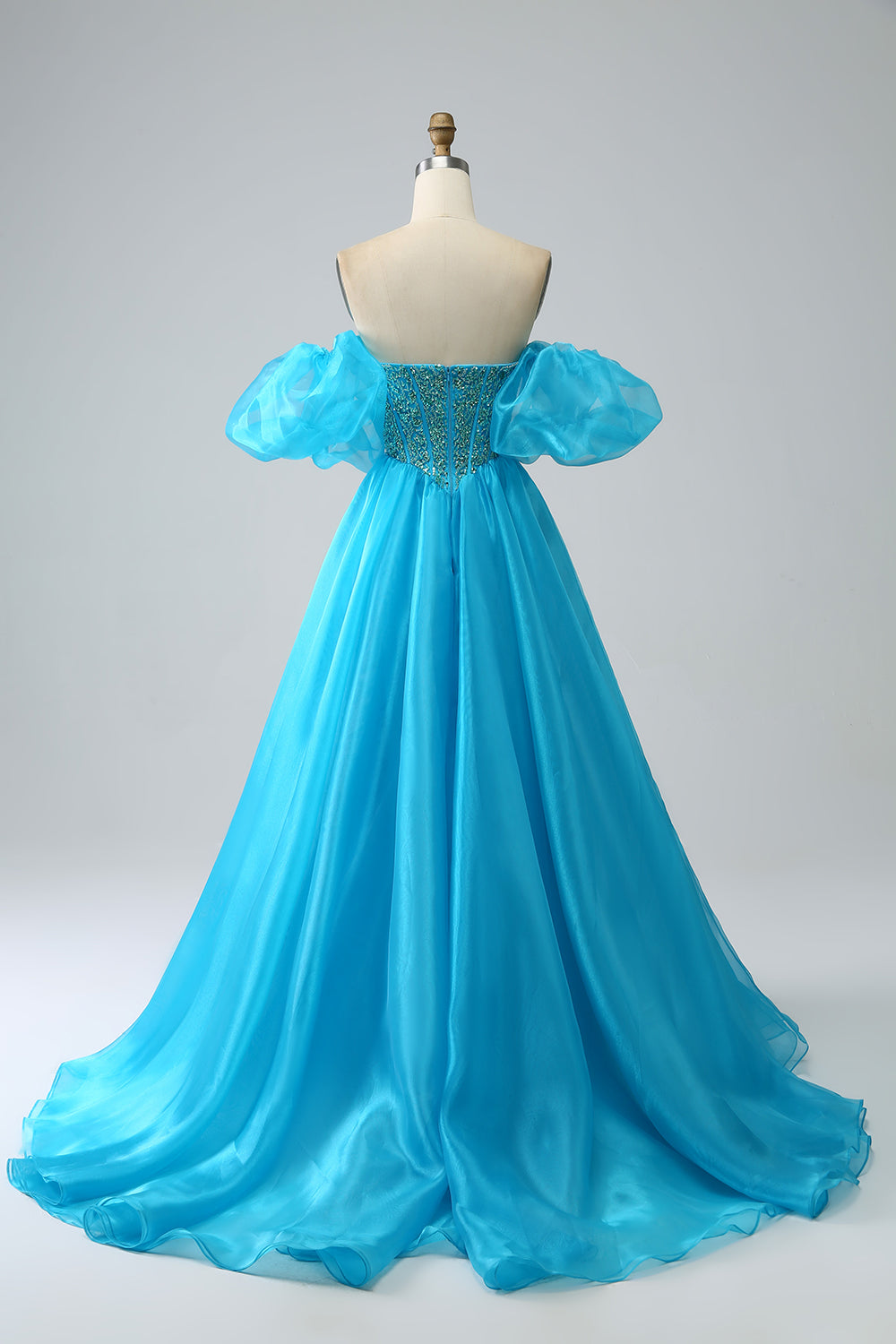 Blue Sweetheart Beaded Corset Prom Dress with Detachable Sleeves