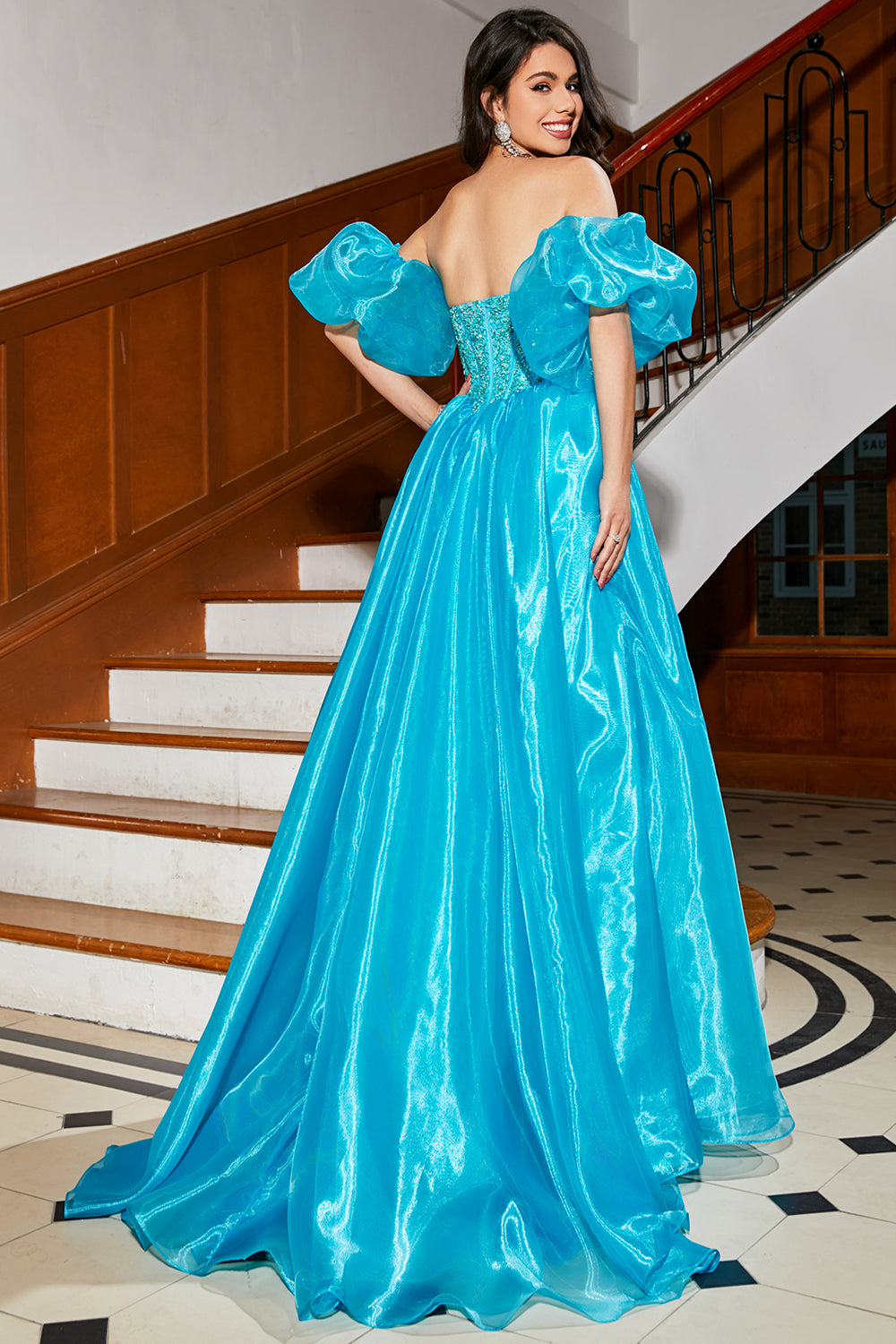 Blue A-Line Sweetheart Beaded Corset Long Ball Dress with Puff Sleeves