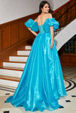 Blue A-Line Sweetheart Beaded Corset Long Ball Dress with Puff Sleeves