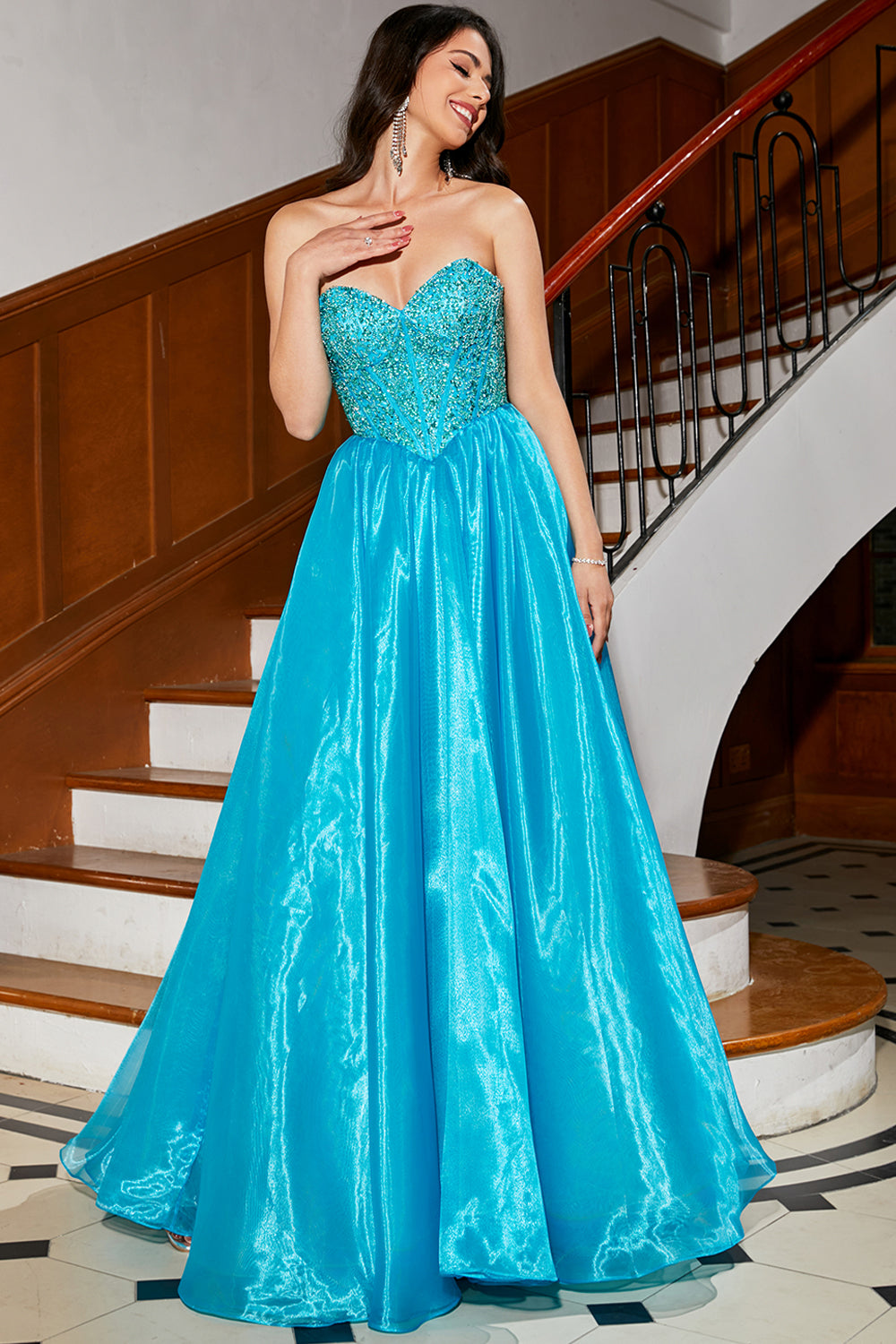 Blue A-Line Sweetheart Beaded Corset Long Ball Dress with Puff Sleeves