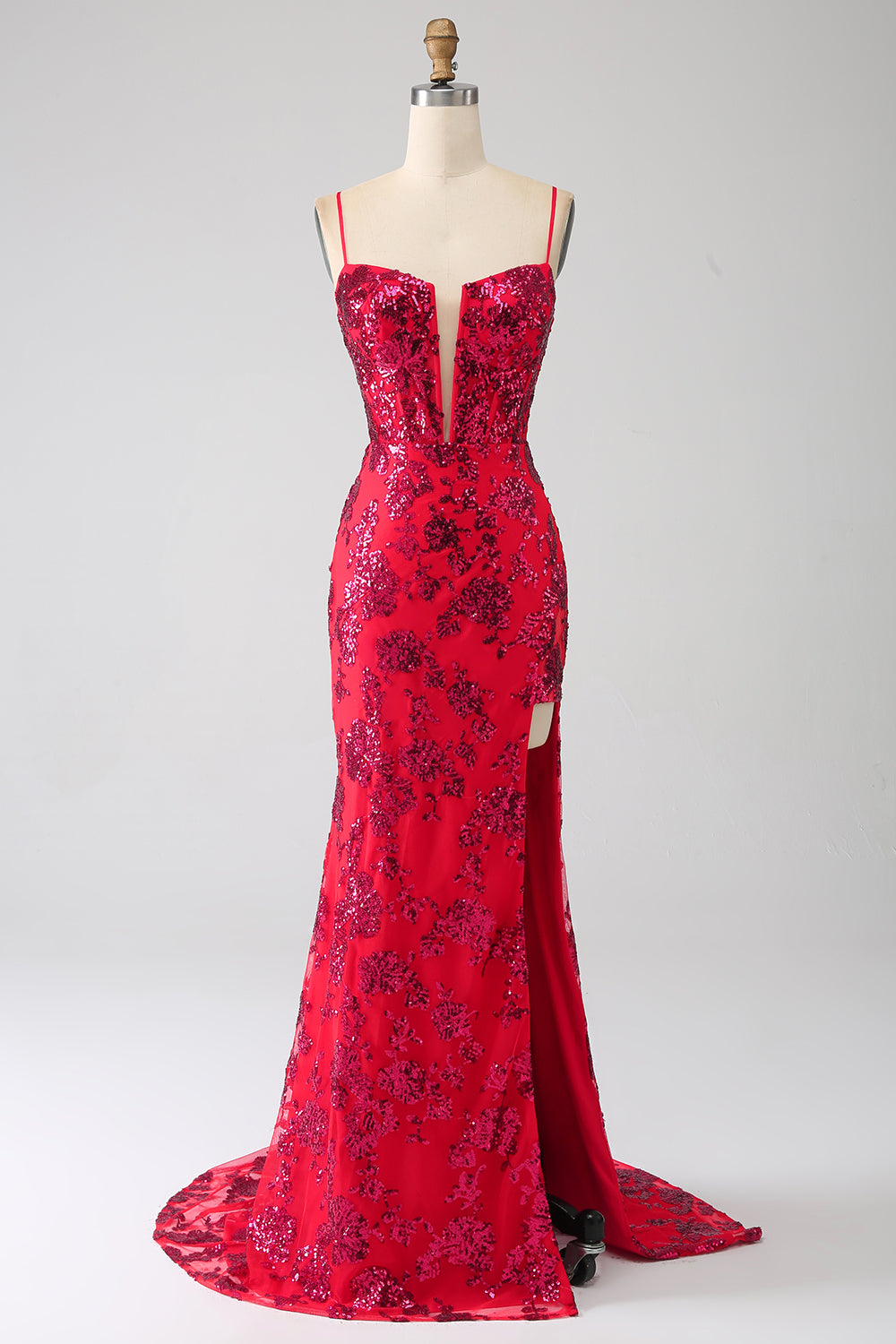 Mermaid Dark Red Sequins Ball Dress with Slit