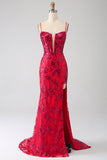 Mermaid Dark Red Sequins Ball Dress with Slit