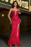 Stylish Mermaid Spaghetti Straps Dark Red Corset Ball Dress with Split Front