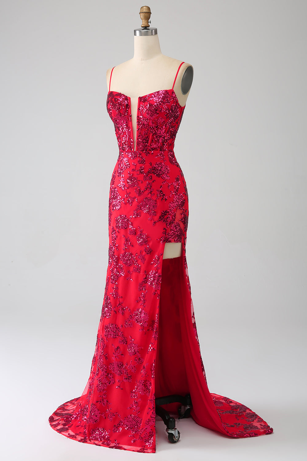 Mermaid Dark Red Sequins Ball Dress with Slit