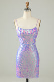 Sparkly Purple Sequin Backless Tight Short Ball Dress