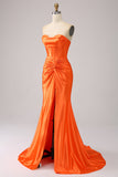 Orange Mermaid Sweetheart Corset Long Sparkly Ball Dress with Slit