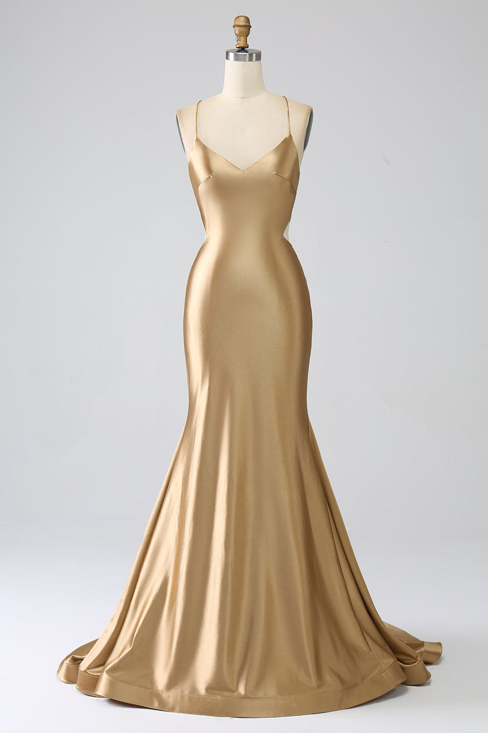 Golden Mermaid Spaghetti Straps Satin Long Ball Dress with Lace-up Back