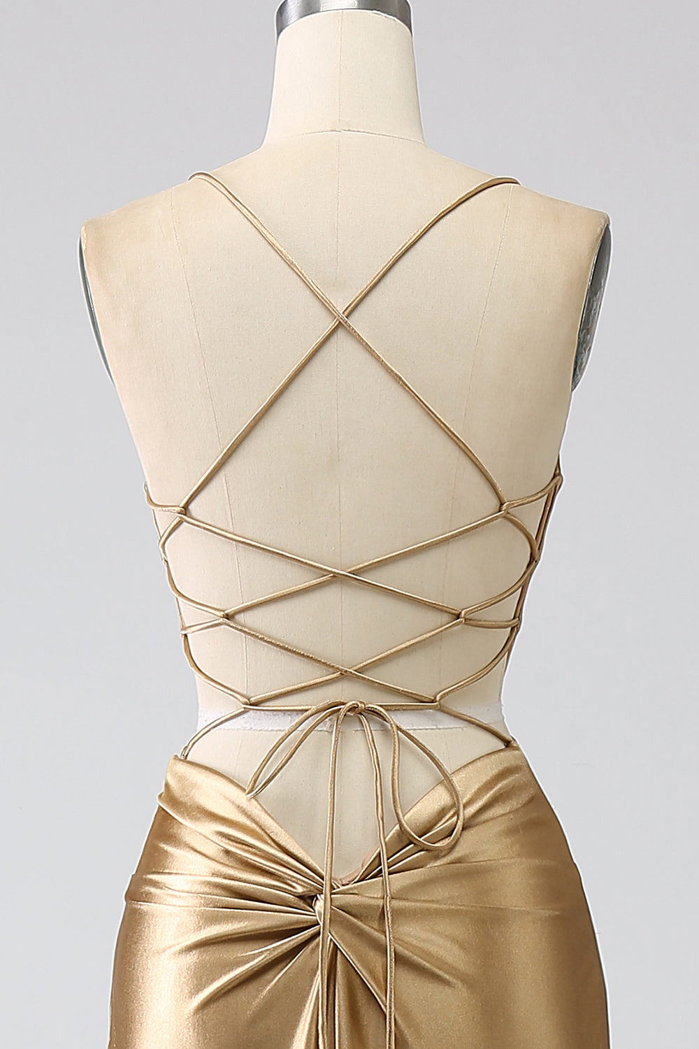 Golden Mermaid Spaghetti Straps Satin Long Ball Dress with Lace-up Back