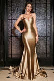 Golden Mermaid Spaghetti Straps Lace-Up Back Long Ball Dress