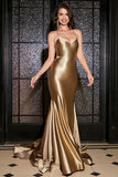 Golden Mermaid Spaghetti Straps Lace-Up Back Long Ball Dress