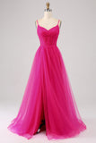 Fuchsia A-Line Spaghetti Straps Long Corset Ball Dress with Slit