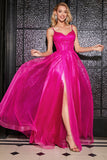 Hot Pink A-Line Spaghetti Straps Long Corset Ball Dress with Slit