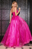 Hot Pink A-Line Spaghetti Straps Long Corset Ball Dress with Slit