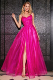 Hot Pink A-Line Spaghetti Straps Long Corset Ball Dress with Slit